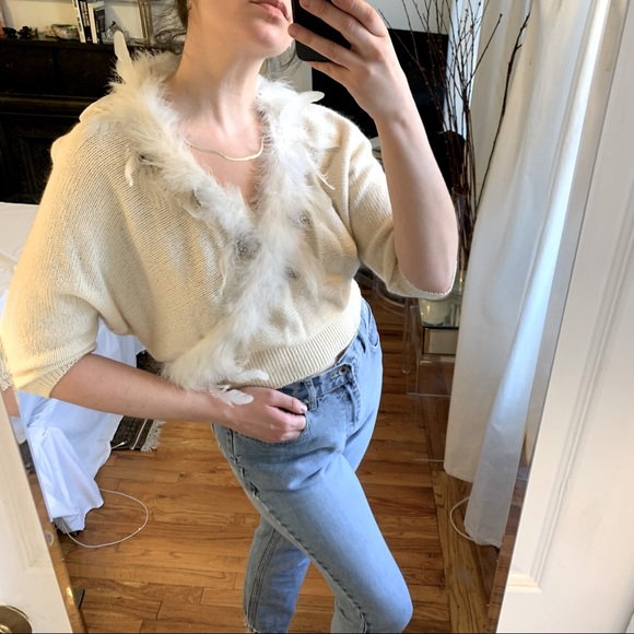Bonnie and Bill Cream Angora Sweater Detachable Marabou Feather Collar Small VTG - Picture 4 of 16